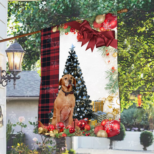 Red Labrador Flag Sitting In Front Of The Christmas Tree