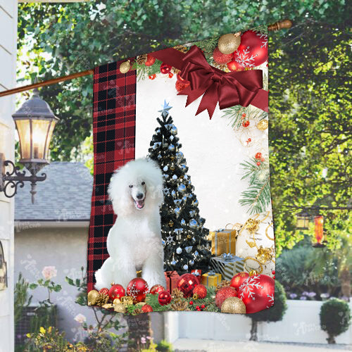 White Poodle Flag Sitting In Front Of The Christmas Tree