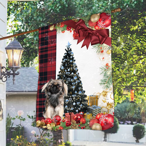 Pekingese Flag Sitting In Front Of The Christmas Tree