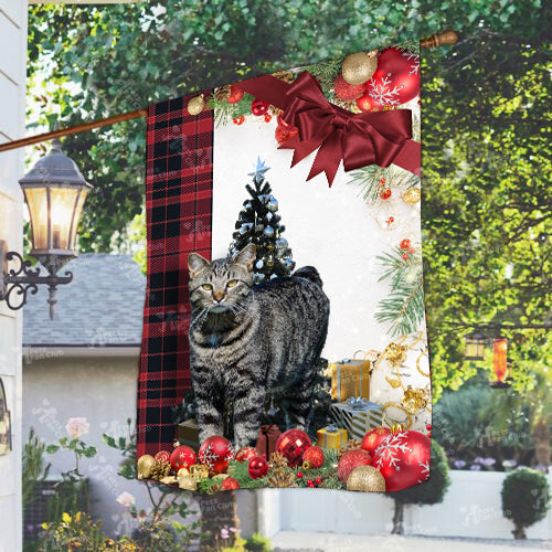 Manx Cat Flag Sitting In Front Of The Christmas Tree