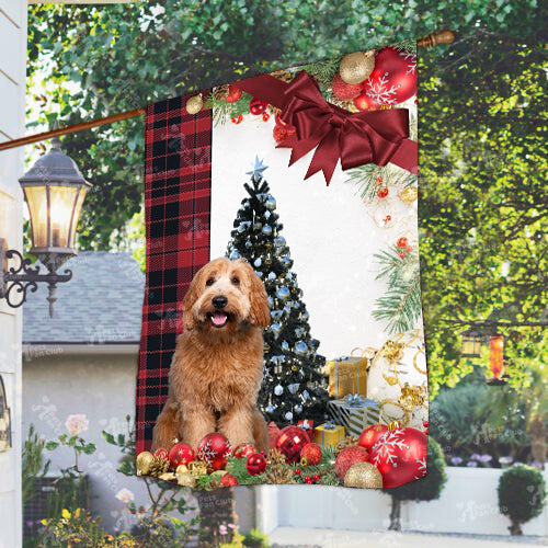 Labradoodle Flag Sitting In Front Of The Christmas Tree