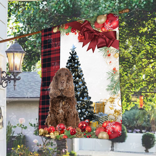 Cocker Spaniel Flag Sitting In Front Of The Christmas Tree