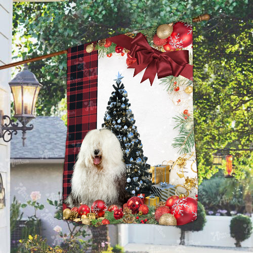 Old English Sheepdog Flag Sitting In Front Of The Christmas Tree