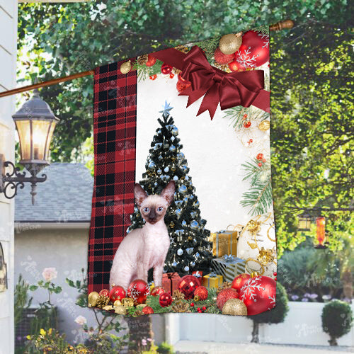 Cornish Rex Cat Flag Sitting In Front Of The Christmas Tree