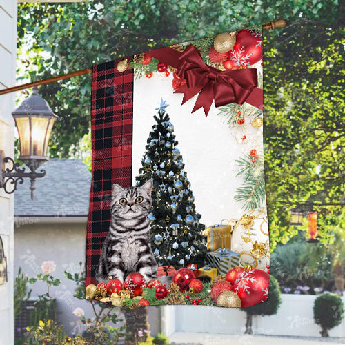 Bristish Shorthair Cat Flag Sitting In Front Of The Christmas Tree