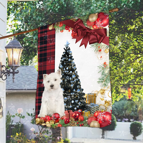 West Higland White Terrier Flag Sitting In Front Of The Christmas Tree