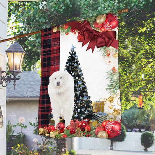 Great Pyrenees Flag Sitting In Front Of The Christmas Tree