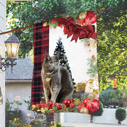 Korat Cat Flag Sitting In Front Of The Christmas Tree