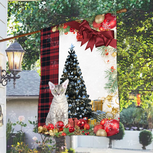 Devon Rex Cat Flag Sitting In Front Of The Christmas Tree