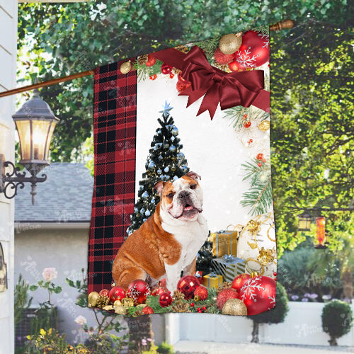 Bulldog Flag Sitting In Front Of The Christmas Tree