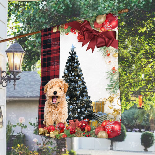 Poodle Flag Sitting In Front Of The Christmas Tree