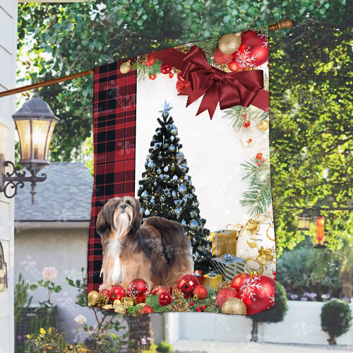 Lhasa Apso Flag Sitting In Front Of The Christmas Tree