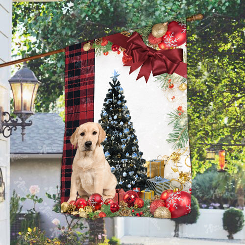 Yellow Labrador Retriever Flag Sitting In Front Of The Christmas Tree