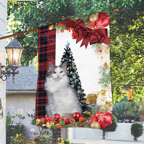 Norwegian Forest Cat Flag Sitting In Front Of The Christmas Tree