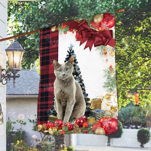 Russian Blue Cat Flag Sitting In Front Of The Christmas Tree