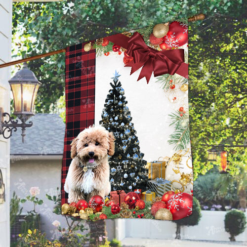 Poochon Flag Sitting In Front Of The Christmas Tree