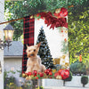 Yorkshire Terrier Flag Sitting In Front Of The Christmas Tree