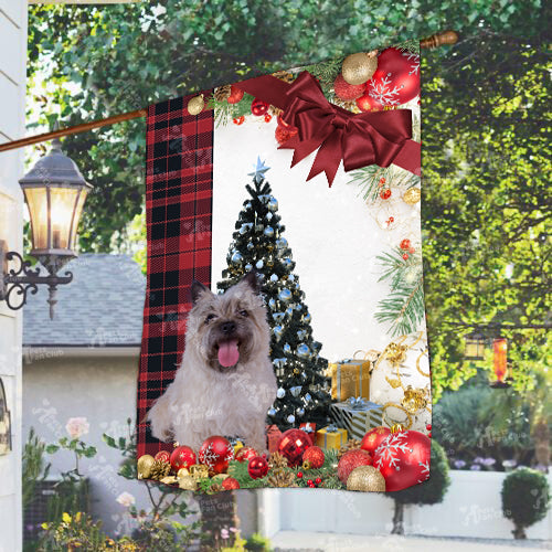 Cairn Terrier Flag Sitting In Front Of The Christmas Tree