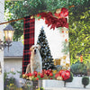 Golden Labrador Flag Sitting In Front Of The Christmas Tree