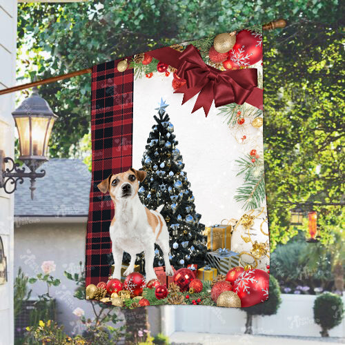 Jack Russel Terrier Flag Sitting In Front Of The Christmas Tree