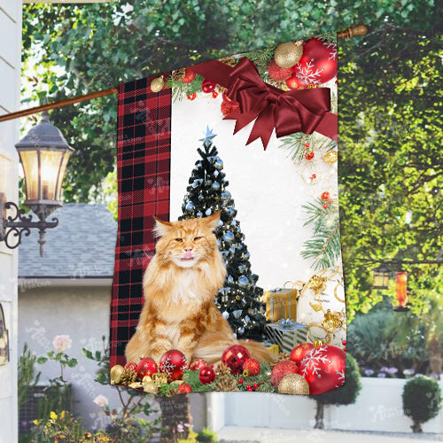 Maine Coon Cat Flag Sitting In Front Of The Christmas Tree