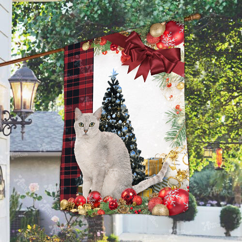 Burmilla Cat Flag Sitting In Front Of The Christmas Tree