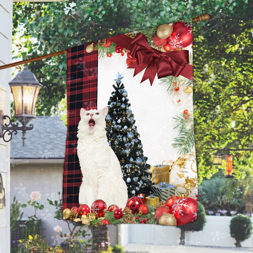 Turkish Angora Cat Flag Sitting In Front Of The Christmas Tree