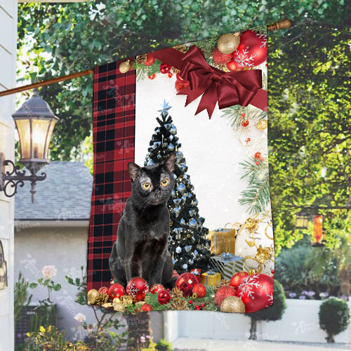 Bombay Cat Flag Sitting In Front Of The Christmas Tree