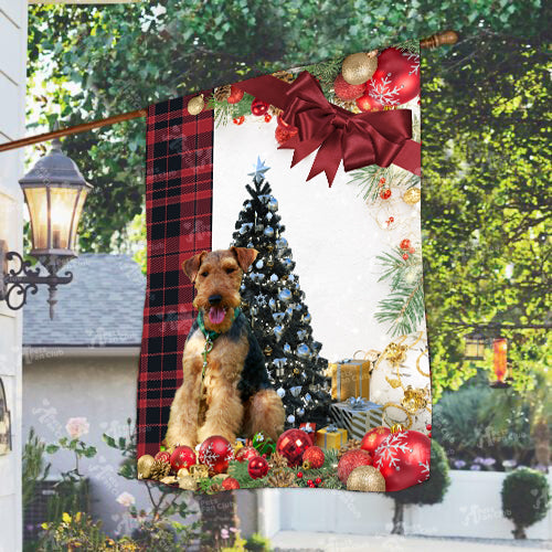 Welsh Terrier Flag Sitting In Front Of The Christmas Tree