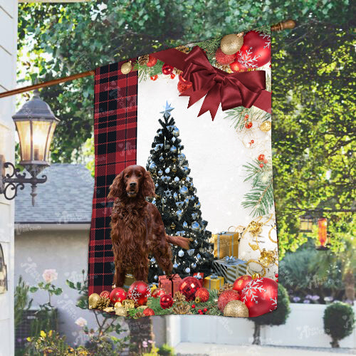 Irish Setter Flag Sitting In Front Of The Christmas Tree