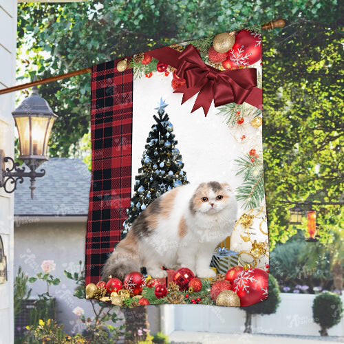 Scottish Fold Cat Flag Sitting In Front Of The Christmas Tree