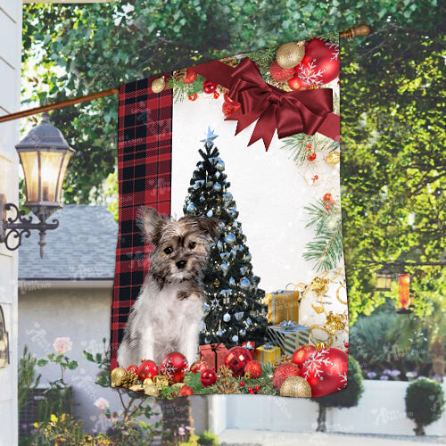 Chorkie Flag Sitting In Front Of The Christmas Tree