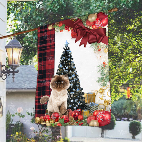 Himalayan Cat Flag Sitting In Front Of The Christmas Tree