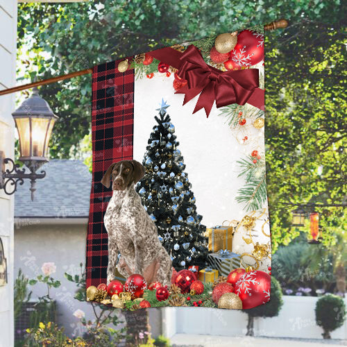 German Short Haired Pointer Flag Sitting In Front Of The Christmas Tree