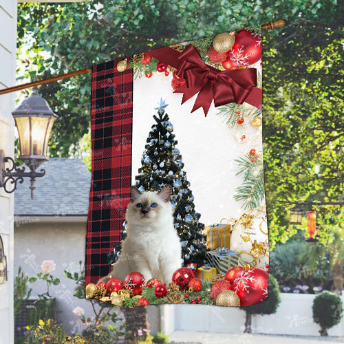 Birman Cat Flag Sitting In Front Of The Christmas Tree