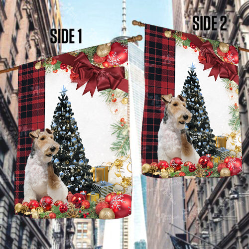 Fox Terrier Flag Sitting In Front Of The Christmas Tree