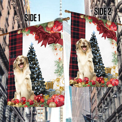 Australian Shepherd Flag Sitting In Front Of The Christmas Tree