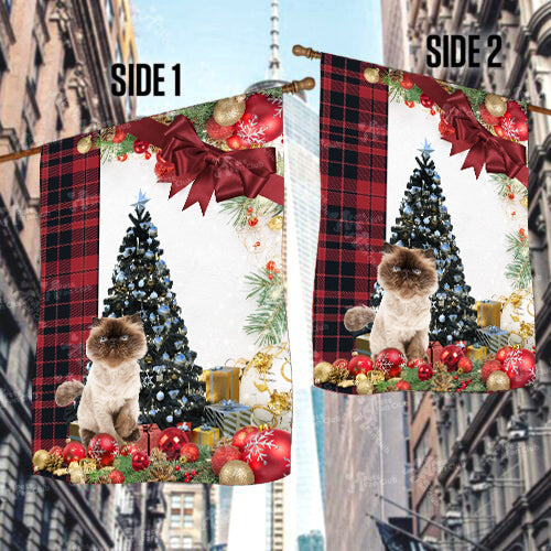 Himalayan Cat Flag Sitting In Front Of The Christmas Tree