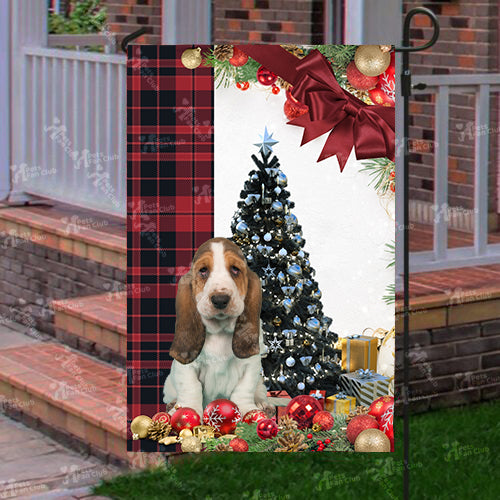 Basset Hound Flag Sitting In Front Of The Christmas Tree