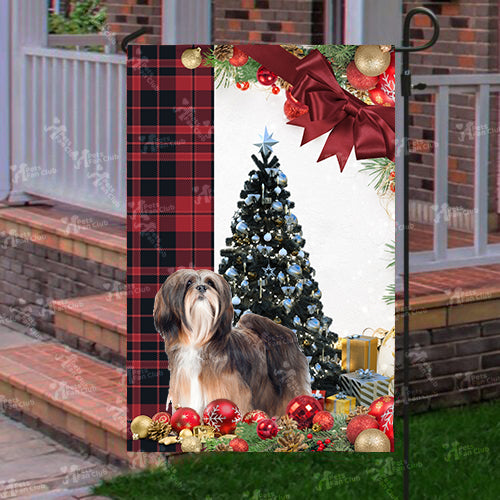 Lhasa Apso Flag Sitting In Front Of The Christmas Tree