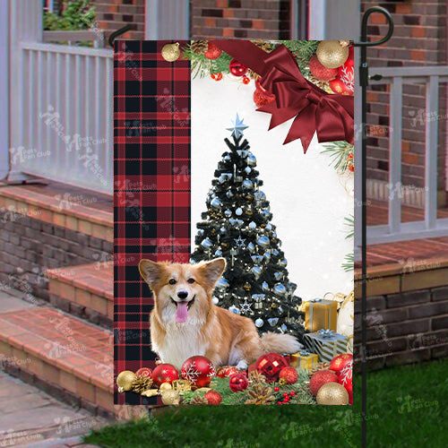 Corgi Flag Sitting In Front Of The Christmas Tree