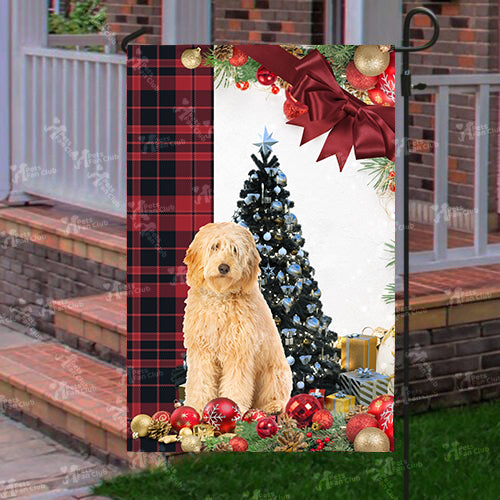 Golden Doodle Flag Sitting In Front Of The Christmas Tree