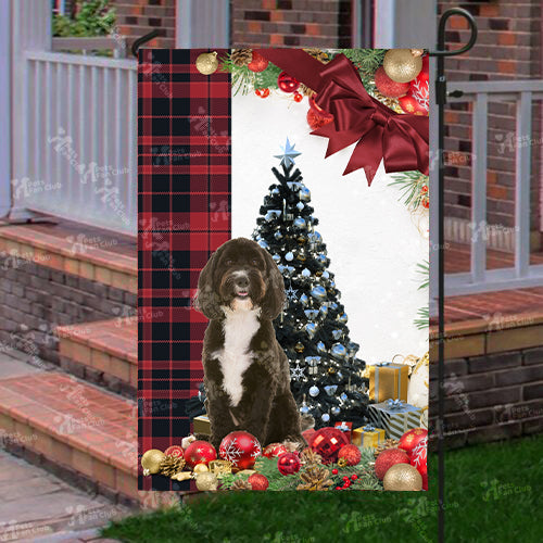 Cockapoo Flag Sitting In Front Of The Christmas Tree