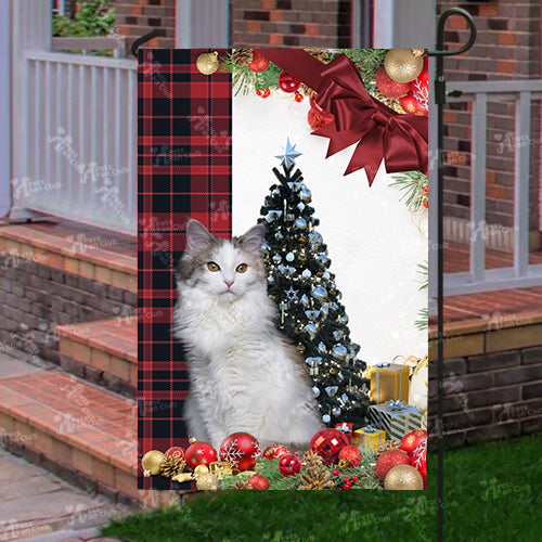 Norwegian Forest Cat Flag Sitting In Front Of The Christmas Tree