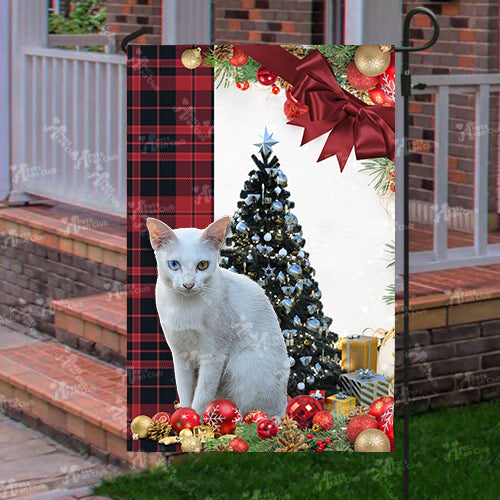 Khao Manee Cat Flag Sitting In Front Of The Christmas Tree