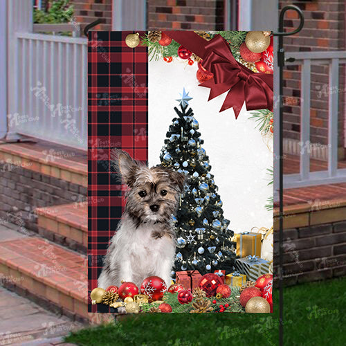 Chorkie Flag Sitting In Front Of The Christmas Tree