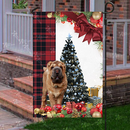 Shar Pei Flag Sitting In Front Of The Christmas Tree