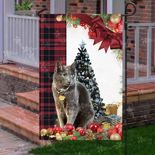 Korat Cat Flag Sitting In Front Of The Christmas Tree