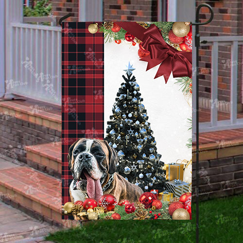 Boxer Dog Flag Sitting In Front Of The Christmas Tree