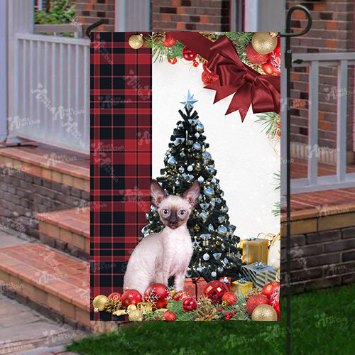 Cornish Rex Cat Flag Sitting In Front Of The Christmas Tree